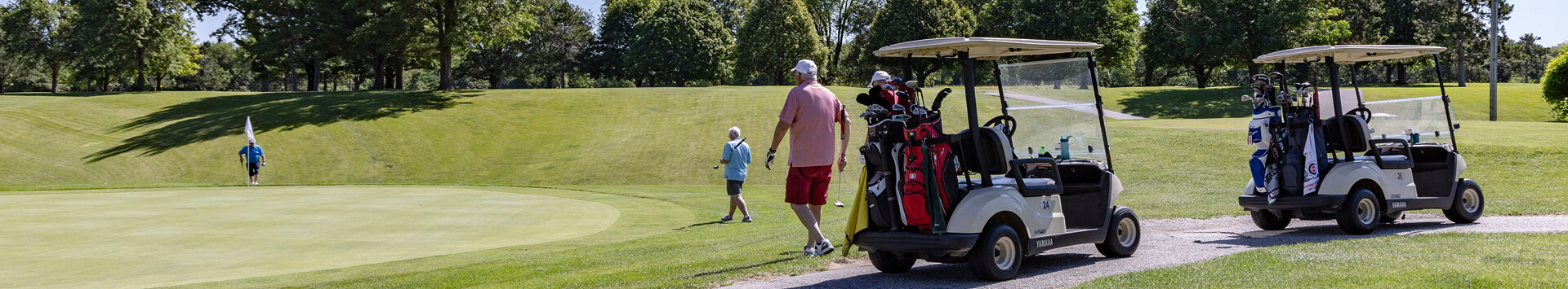 Golf carts parked next to a green